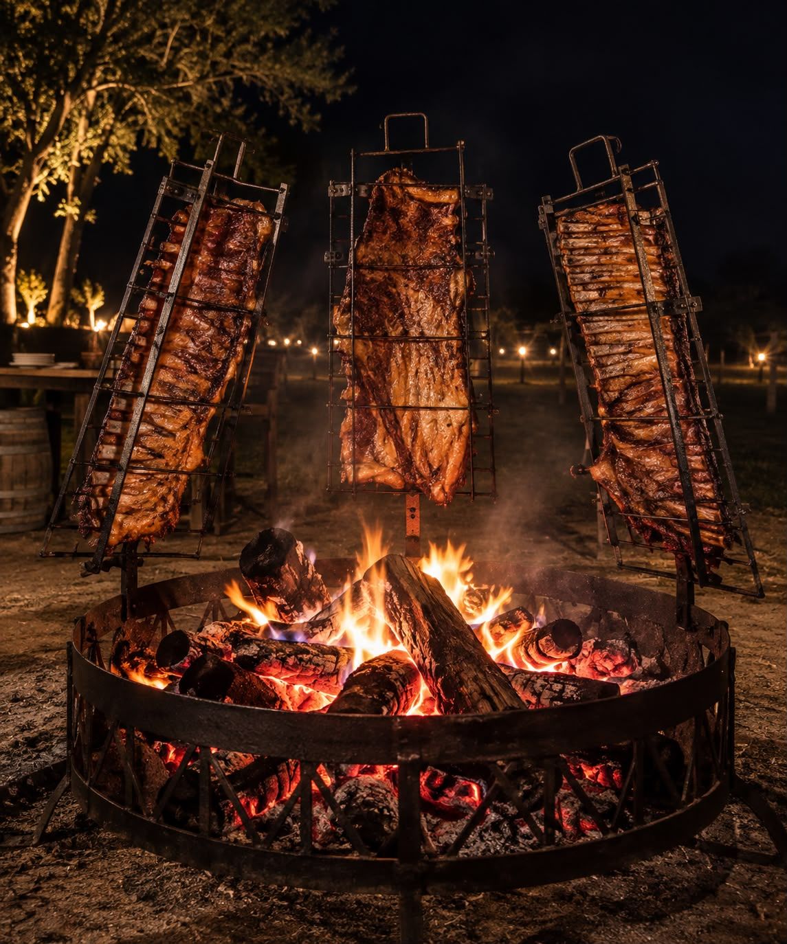 Costillares a la estaca alrededor del fogón, de noche