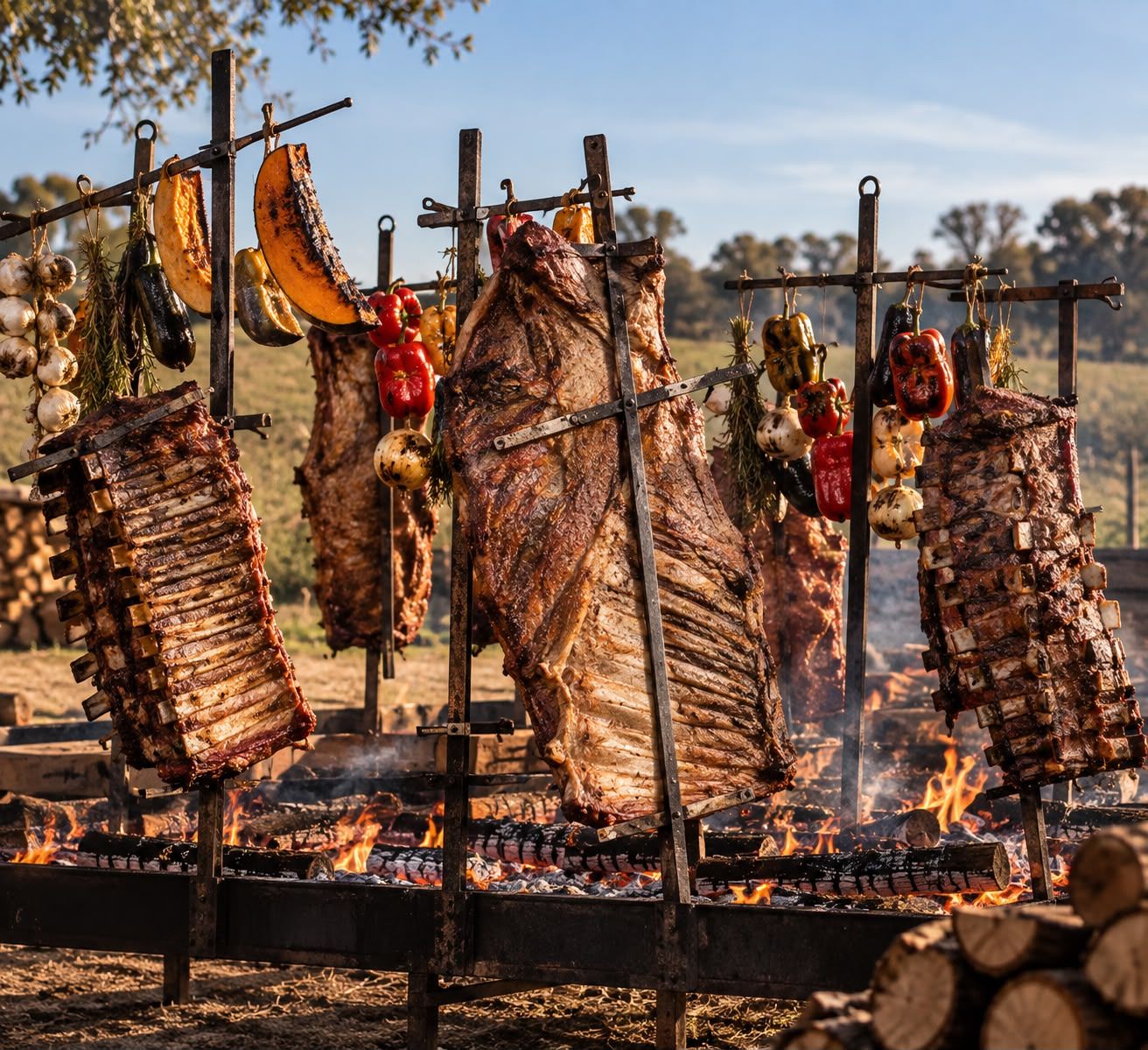 Costillares y verduras a la estaca alrededor del fuego