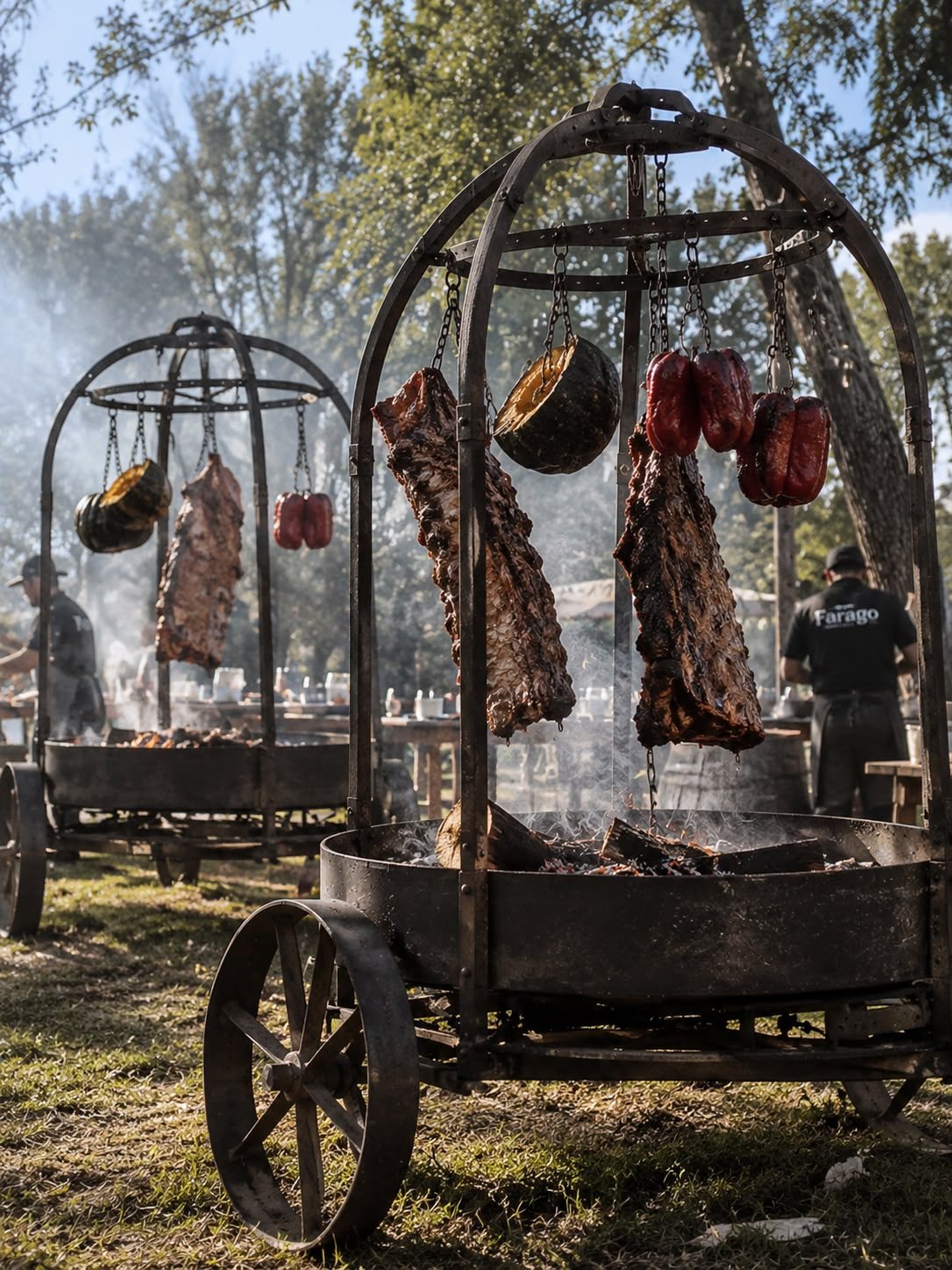 Jaula criolla con costillares, morrones y zapallo sobre el fuego