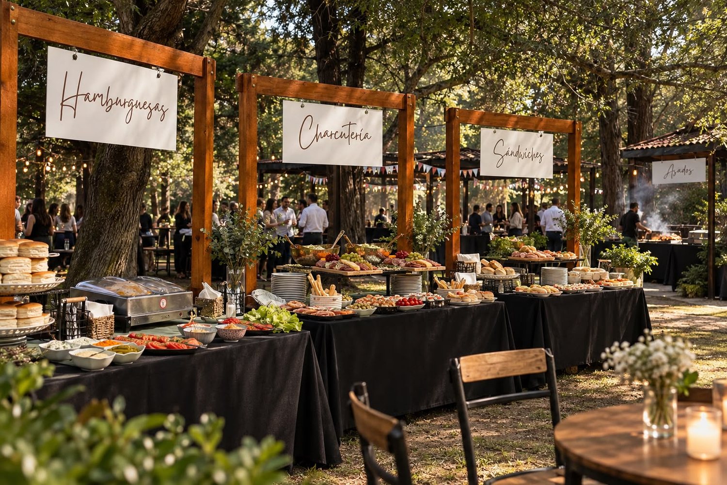 Estaciones gastronómicas señalizadas en un evento al aire libre
